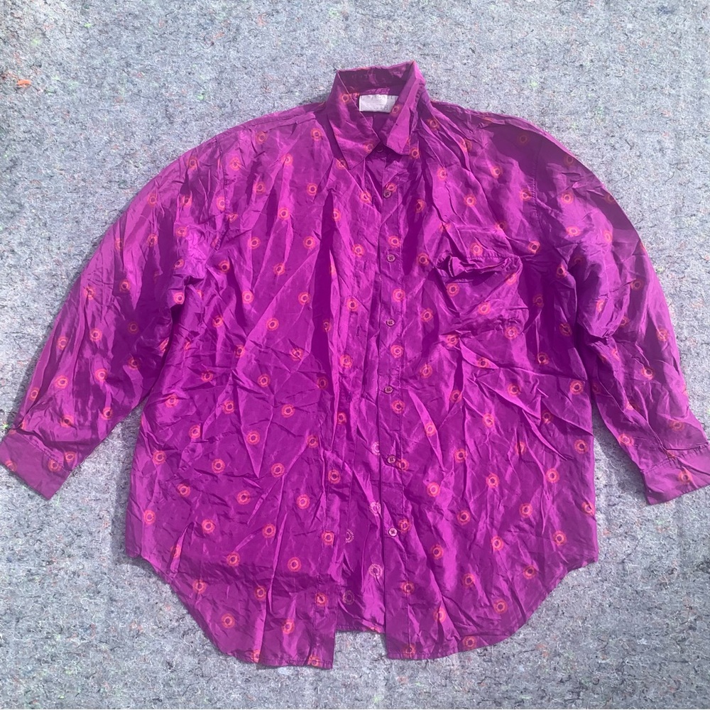 Vintage Y2K Fatigati & Smith pink purple red orange sunburst pattern silk top